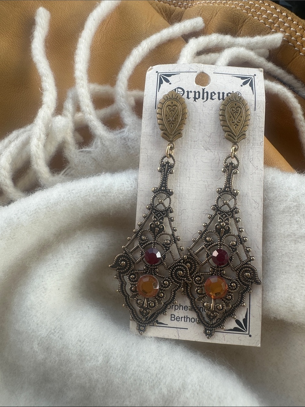 Antique-Finish Filigree Drop Earrings in Red & Amber